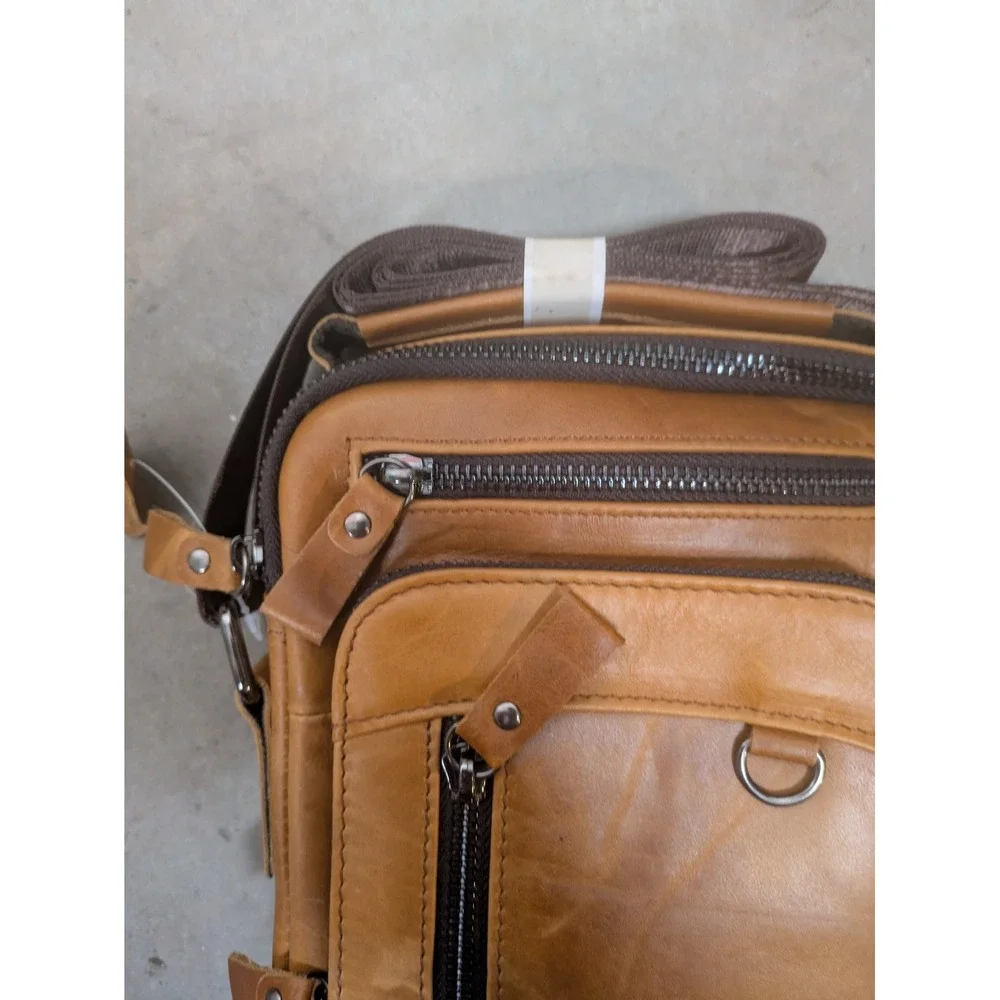 NEW Steel Lion Messenger Bag Men's Medium Tan Leather Multi-Zip Crossbody